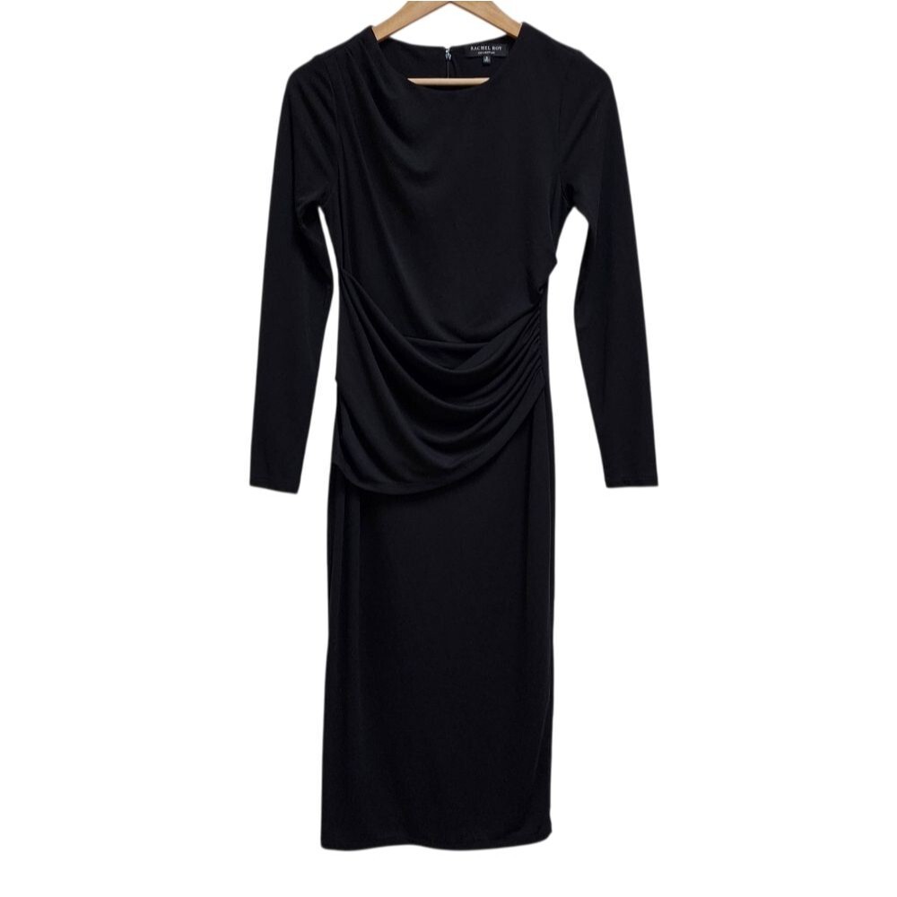 Rachel Roy Black Stretch Knit Ruched Waist Long Sleeve Midi Dress Sz S Elegant